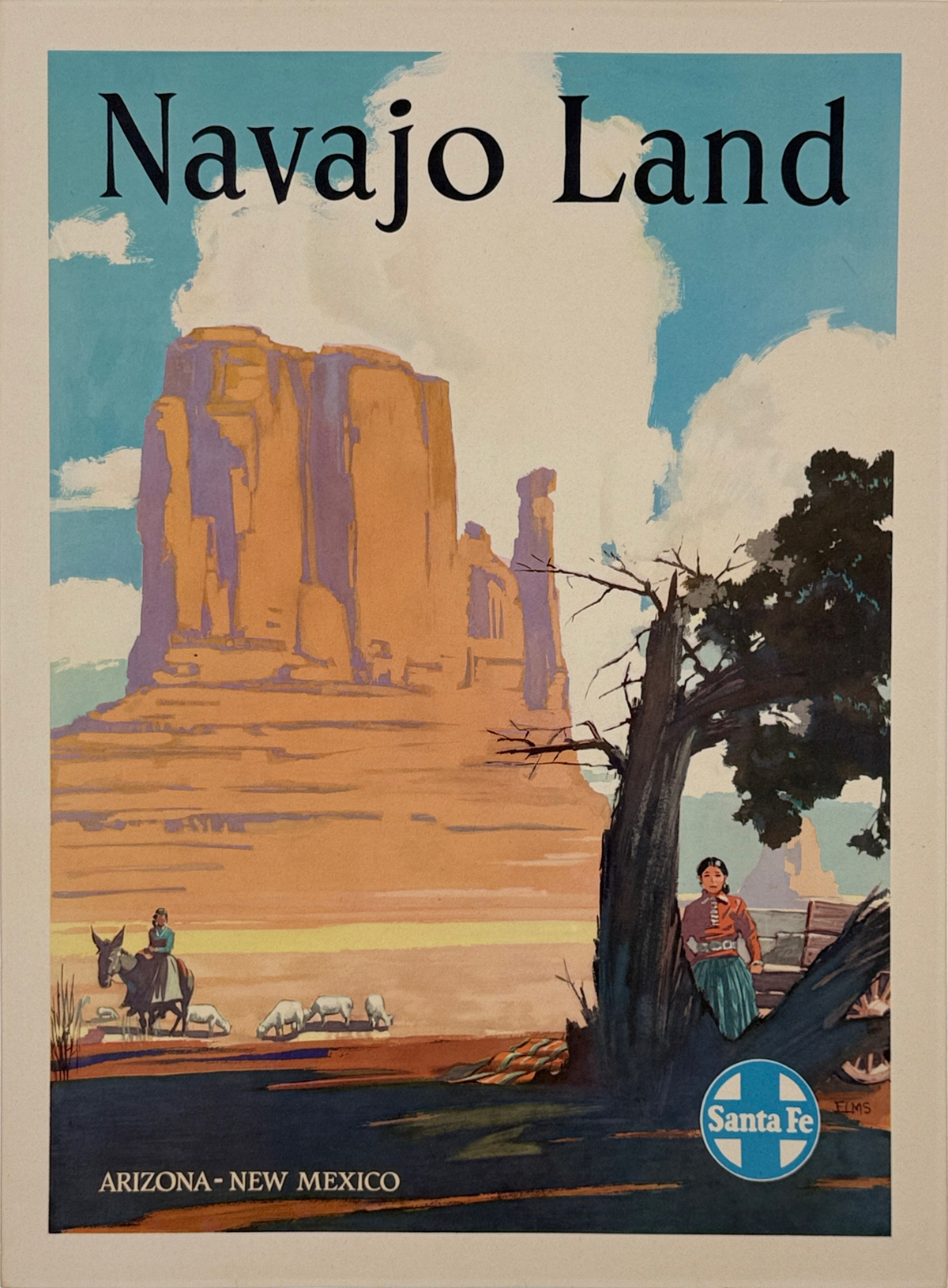Santa Fe Railway Navajo Land Poster by William Elms Original 1949 Vintage American Lithograph Passenger Train Travel Advertisement Linen Backed.