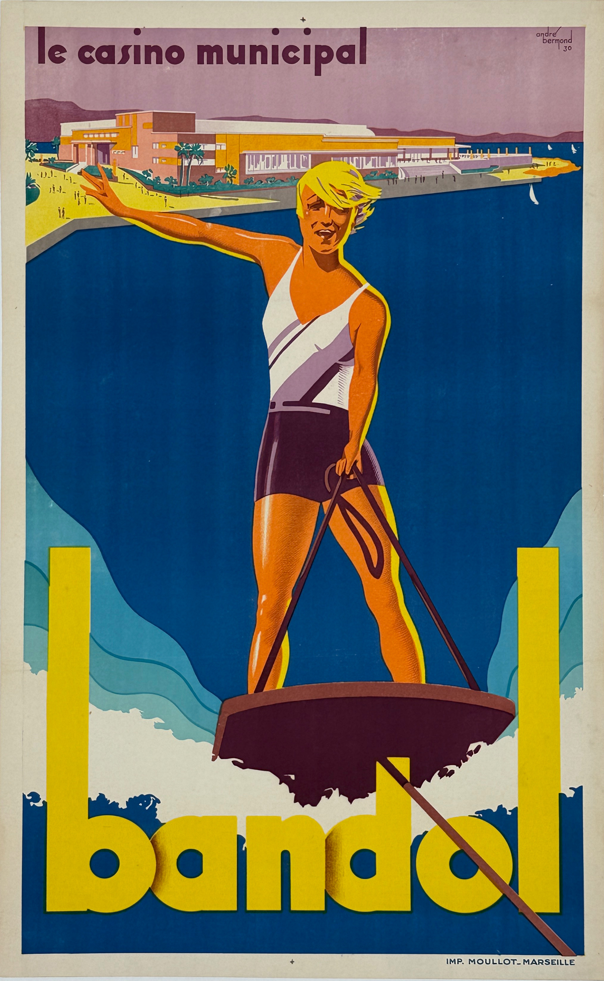 Bandol Le Casino Municipal Poster by Andre Bermond Original 1930 Vintage French Stone Lithograph Travel Advertisement Linen Backed.