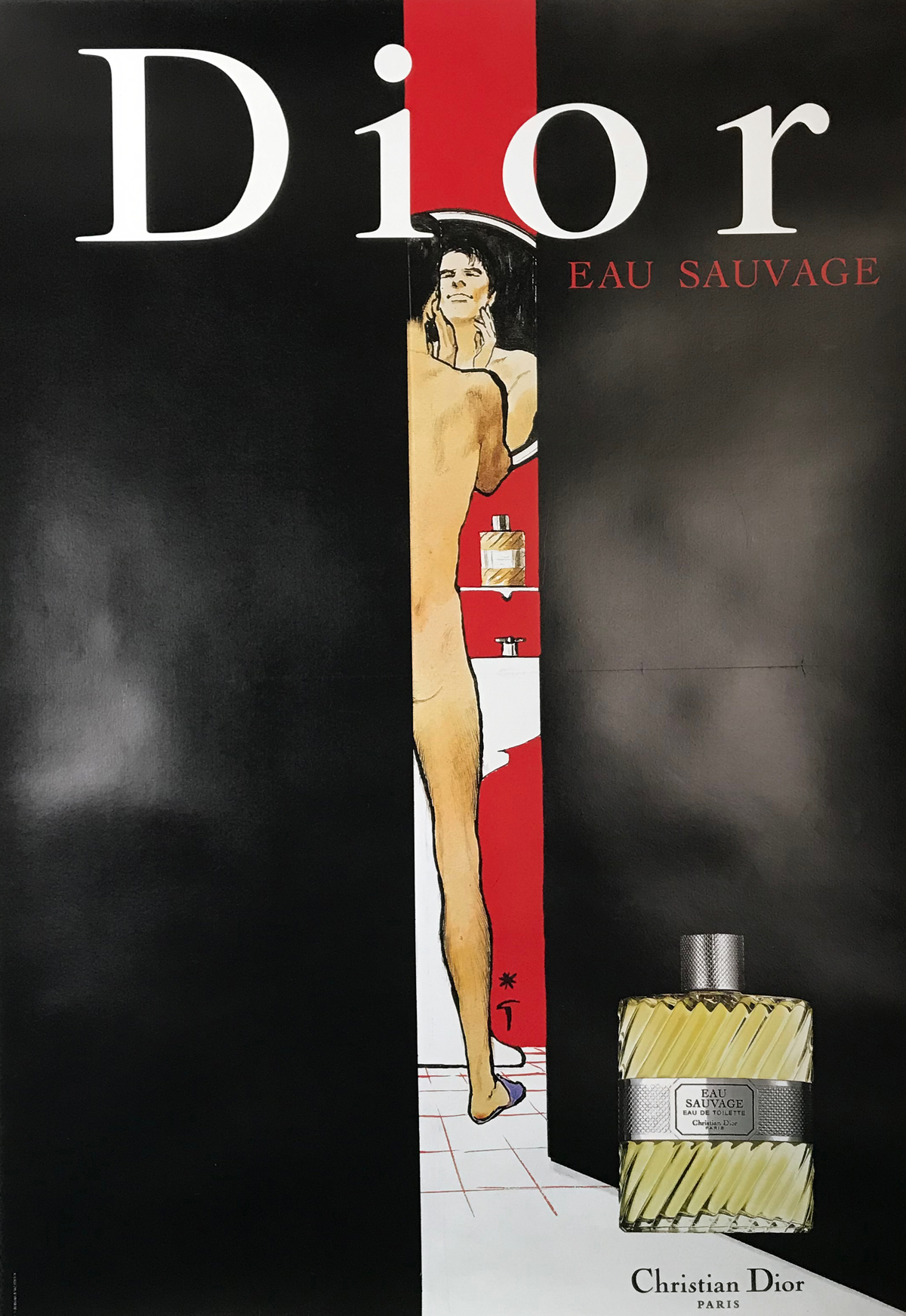 Dior Eau Sauvage Poster by Rene Gruau Original 1979 Vintage French Cologne Advertisement Lithograph Linen Backed.