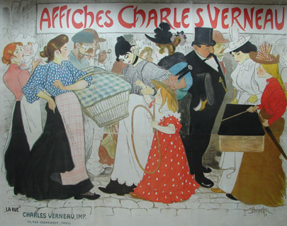 La Rue Affiches Charles Verneau original advertising lithography antique poster by famous artist Theophile-Alexandre Steinlen from 1896 France. Shows the working class side by side with the smartly dressed bourgeois.