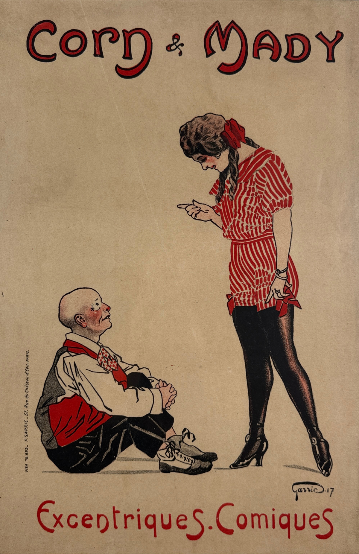 Corn & Mady Excentriques Comiques Poster By Garric Original 1917 Vintage French Theater Performers Advertisement Stone Lithograph Linen Backed.