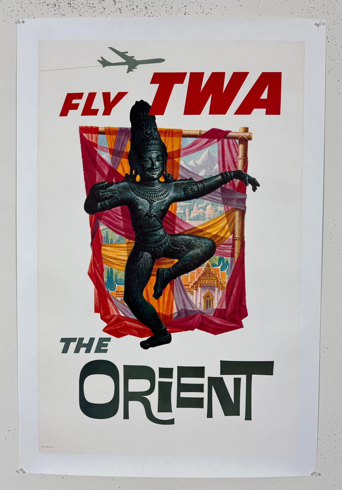 Fly TWA Airlines The Orient Poster By David Klein Original 1960 Vintage USA Plane Service Lithograph Advertisement Linen Backed.