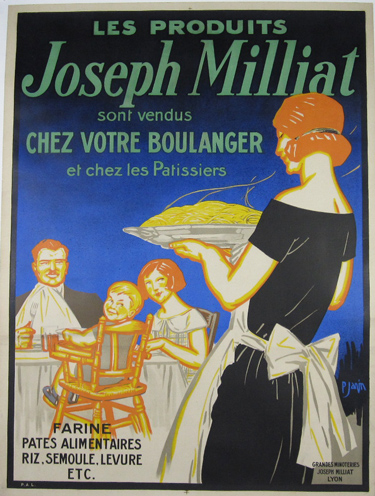 Joseph Milliat Boulanger Original French 1920 Pasta Poster by Javin  Linen Backed. French poster features family with small child who sit at the table and waiting for dinner which carries the housekeeper.