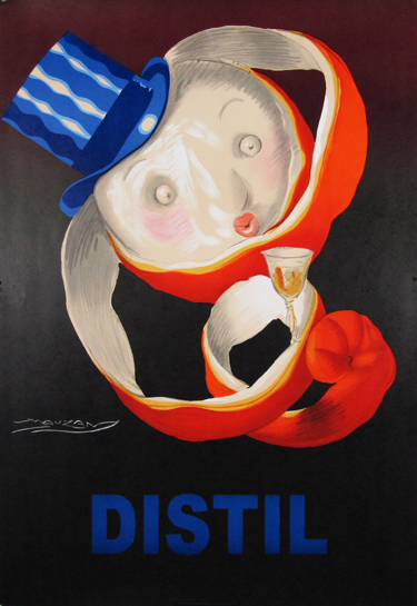 Distil by Mauzan 1998 France - This vertical French poster features a face on a partly pealed orange wearing a blue top hat holding a stemmed glass on a black background. Original Antique Posters.
