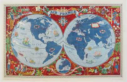 Air France planisphere horizontal vintage travel poster by Lucien Boucher from 1952 France. French poster features a map of the globe with two circles showing each half and red decorative scenes of people around them.