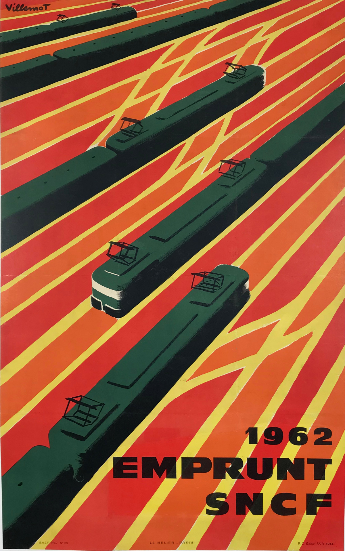 Emprunt SNCF 1962 Original Vintage French Train Travel Poster by Bernard Villemot Linen Backed. Features electric green trains on vibrant orange background.