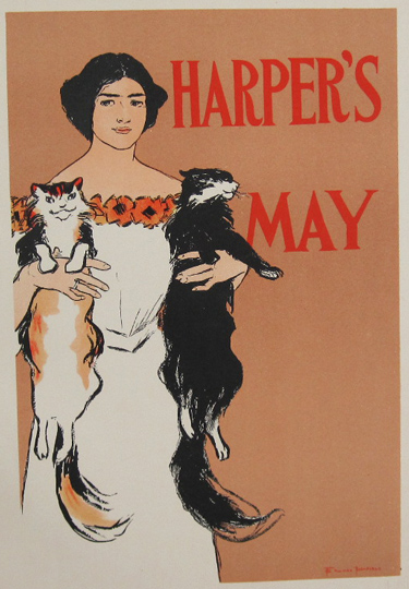 Harper's May original Maitre De L'Affiche Plate #115 by Edward Penfield from 1898. American magazine advertising in France, woman in white dress holding two cats under her arms.