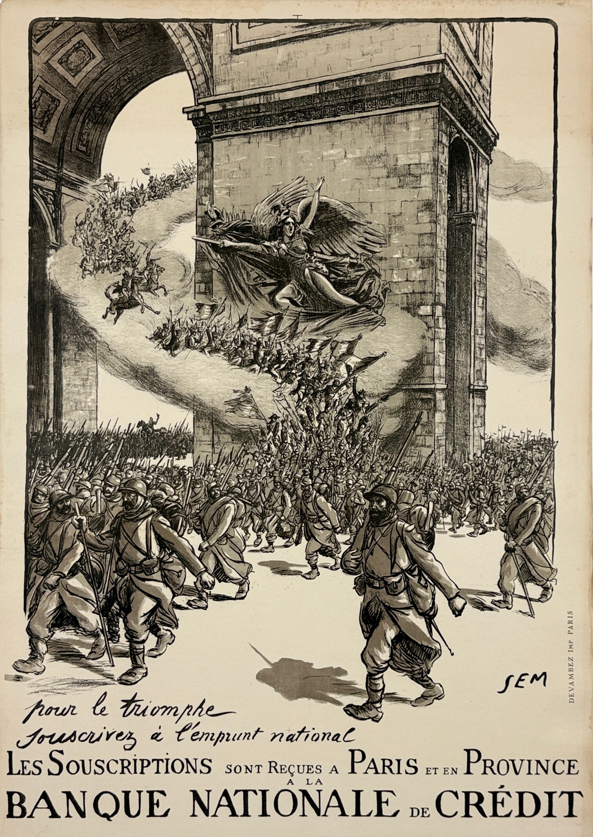 Souscrivez a l'Emprunt Banque Nationale De Credit Poster by ''Sem" Georges Goursat. Original 1918 Vintage French Stone Lithograph War Bond Bank Advertisement Linen Backed.