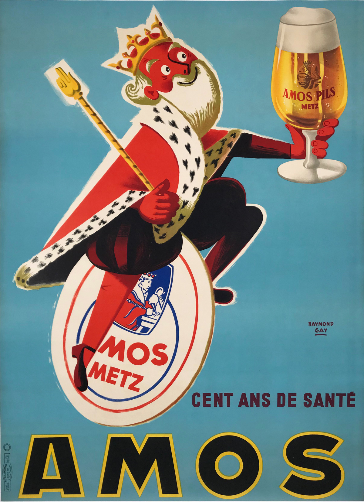 Amos Pils Metz by Raymond Guy Original 1952 Vintage French Beer Advertisement Linen Backed - This vertical French poster features a king in red robes smiling as he holds up a glass of beer against a blue background. Original Antique Posters.
