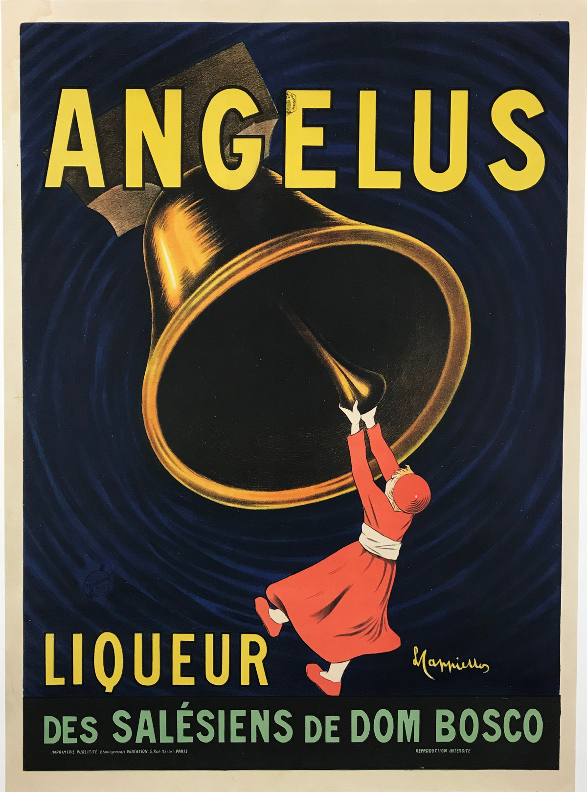 Angelus Liqueur by Leonetto Cappiello Original 1907 Vintage French Distillerie Advertisement Stone Lithograph Poster Linen Backed.