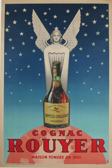 Cognac Rouyer 1945 French - French wine and spirits poster features a statue of an angel behind a liquor bottle on a pink globe against a star filled sky. Original Antique Posters.