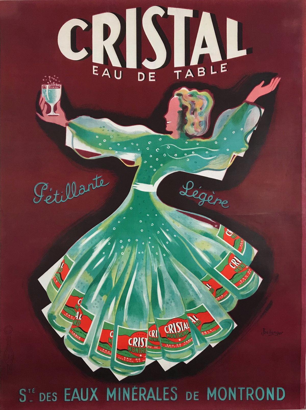 Cristal Eau De Table by P. Bellenger Original 1948 Vintage French Water Company Advertisement Lithograph Poster Linen Backed. 