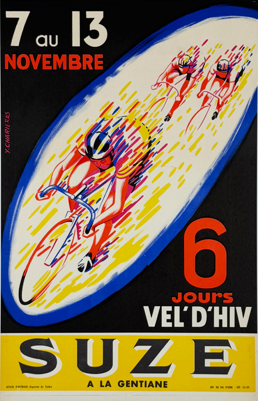 Gentiane Suze 6 Jours Vel' D' Hiv Poster By Yves Charieras Original 1957 Vintage French Cycle Race Sponsor Lithograph Advertisement Linen Backed.