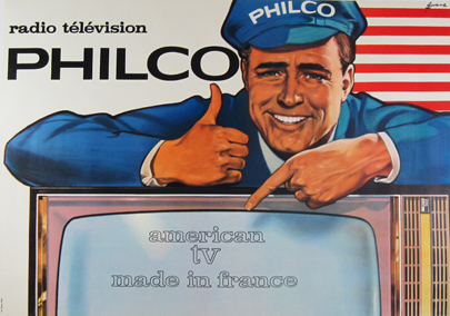 Philco Radio Television original vintage poster by Conronne from 1958 France. Shows a smiling man based on the TV pointing the finger of one hand at the screen  on which are "American TV made in France". His second hand showing ok sign.