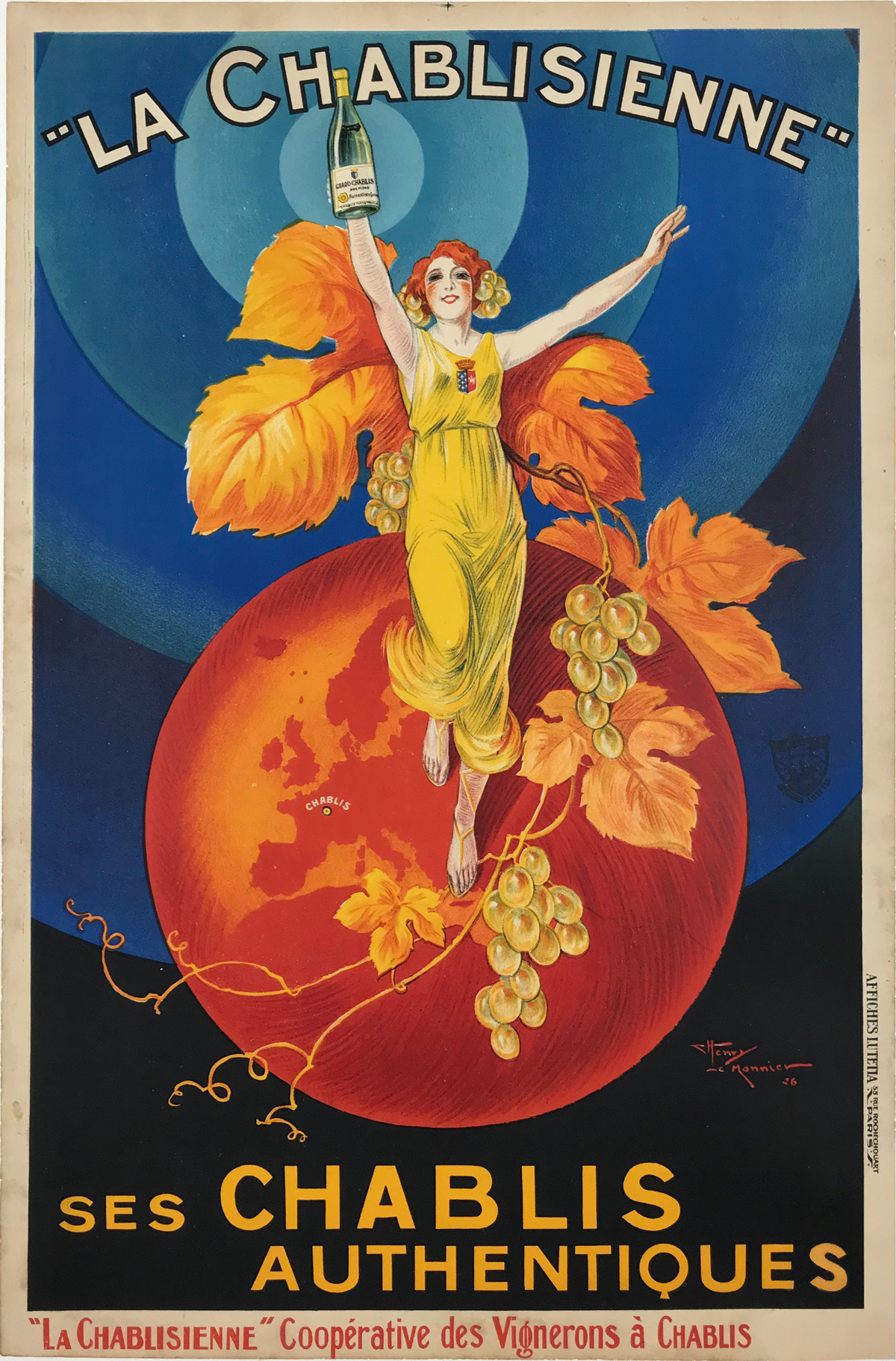 La Chablisienne by Henry LeMonnier Original 1926 Vintage French Chablis Wine Growers Cooperative Advertisement Stone Lithograph Poster Linen Backed. Cooperative des Vignerons A Chablis
