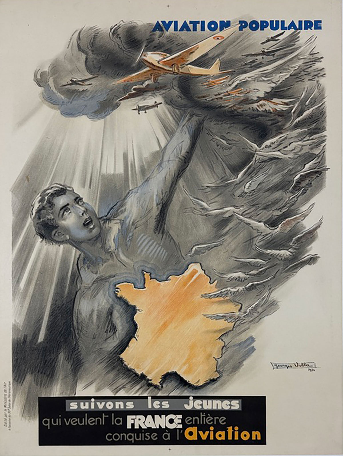 Aviation Populaire Poster By Georges Villa Original 1936 Vintage French Government Stone Lithograph Advertisement Linen Backed.