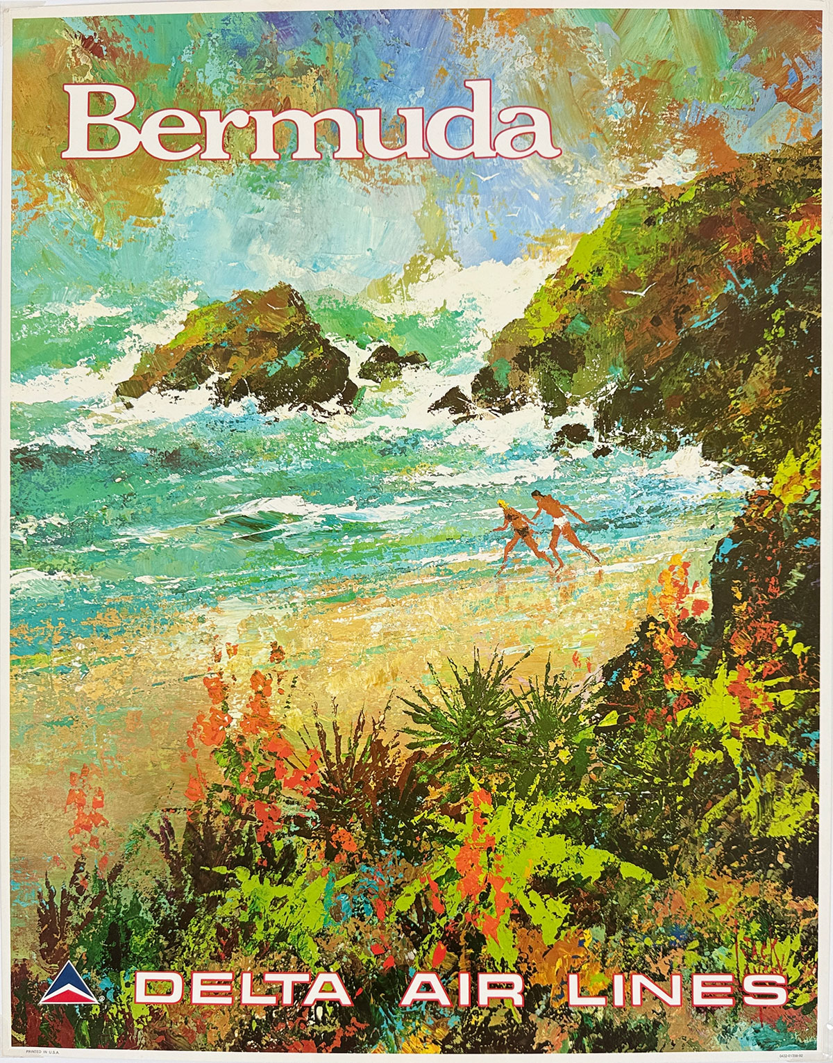 Delta Air Lines To Bermuda Poster By Jack Laycox Original 1976 Vintage USA Passenger Airline Travel Lithograph Advertisement.