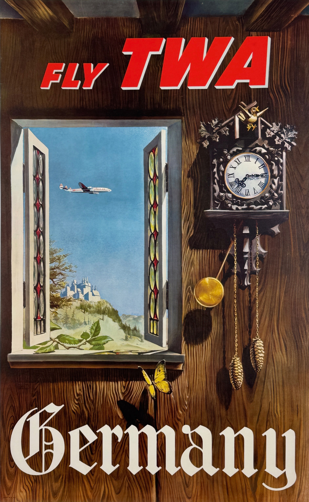 Fly TWA to Germany Poster By William Ward Beecher Original 1952 Vintage USA Airline Travel Lithograph Advertisement Linen Backed.