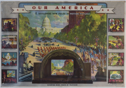 Our America - Developing New Fields In Motion Pictures #4, Reporting News Events By Television original American poster advertisement printed by Coca Cola Bottling Company in 1943.