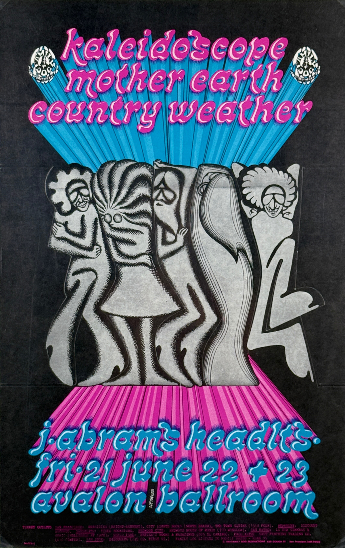 Avalon Ballroom Kaleidoscope Mother Earth Country Weather Concert Poster By Paul Lofthouse Original 1968 Vintage USA Music Performance Lithograph Advertisement.