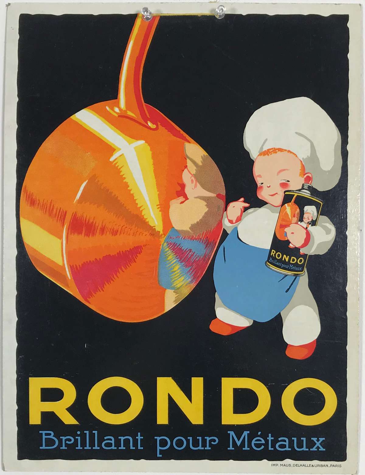 Rondo Brillant Pour Metaux (store display) Original 1930 French Vintage Advertisement Lithography Poster by Imp. Urban. Shows a little boy chef next to a copper pot with his reflection holding a can on black.