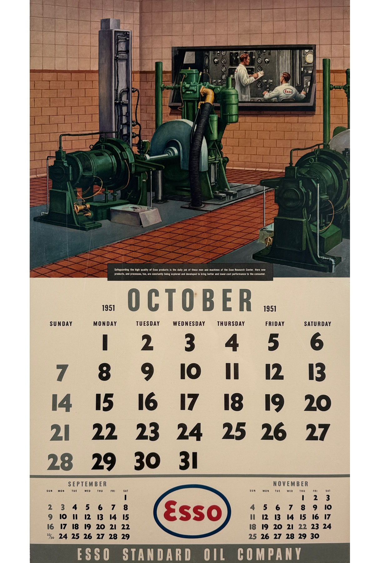 Esso Standard Oil Company Calendar Original 1951 Vintage USA Gasoline Company Lithograph Advertisement Linen Backed.