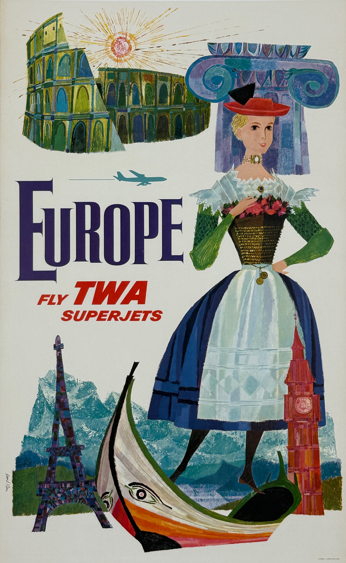 Europe Fly TWA Superjets Poster By David Klein Original 1960 Vintage USA Airline Travel Lithograph Advertisement Linen Backed.