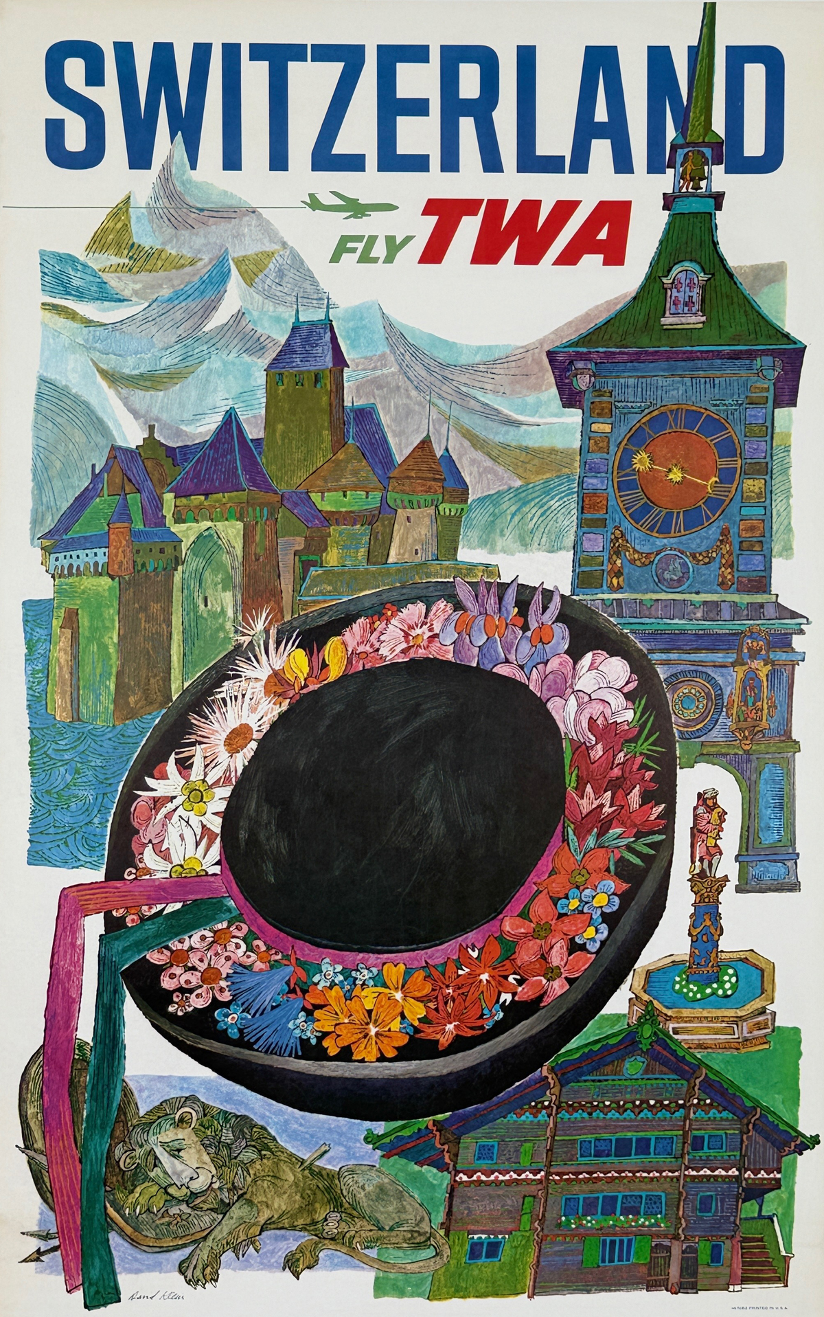 Switzerland Fly TWA Jets Poster By David Klein Original 1960 Vintage USA Airline Travel Lithograph Advertisement Linen Backed.