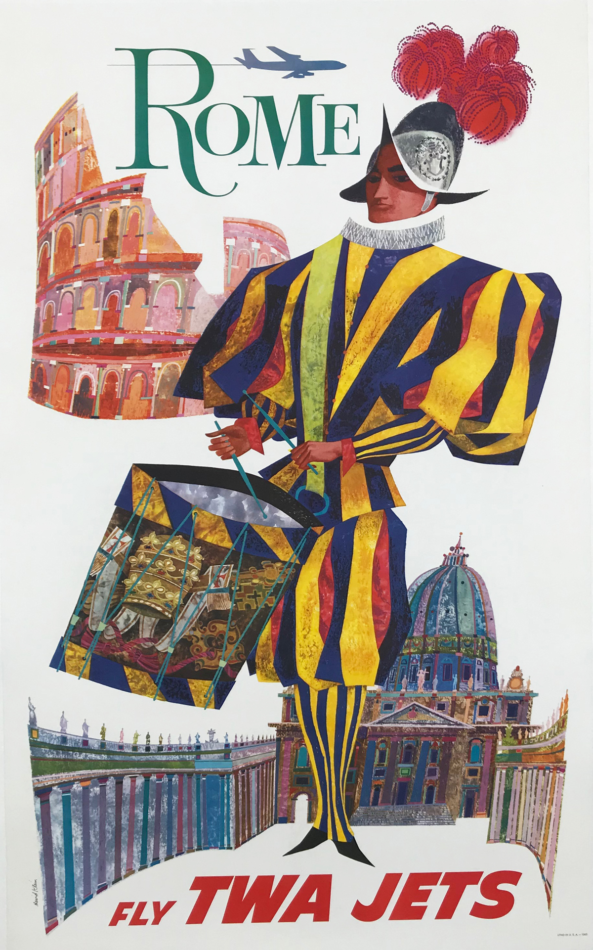 Rome Fly TWA Jets by David Klein Original 1960 Vintage American Passenger Plane Travel Advertisement Lithograph Poster Linen Backed. Shows a man playing on the drum behind him is a colosseum and St. Peter's Square.