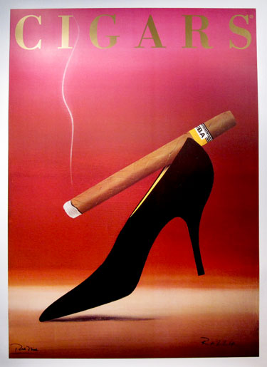 Cigars Cohiba original advertisement poster from 1997 by Razzia. Silkscreen printing with pink background and large black high hill woman shoe and a cigar on it.