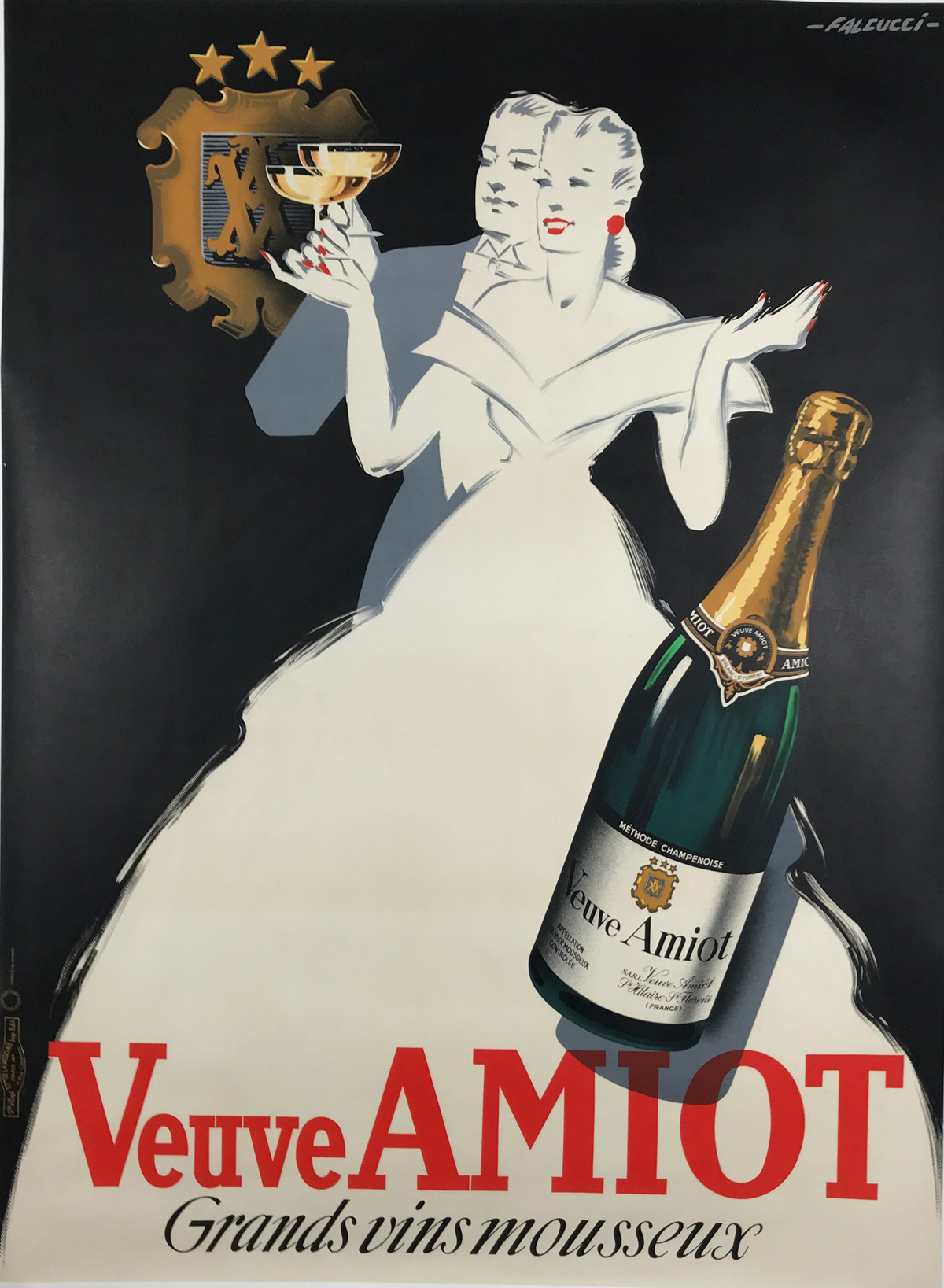 Veuve Amiot Champagne by Falcucci Original 1930 Vintage French Advertisement Lithograph Poster Linen Backed. Shows a formally dressed couple in black and white toasting Champagne.