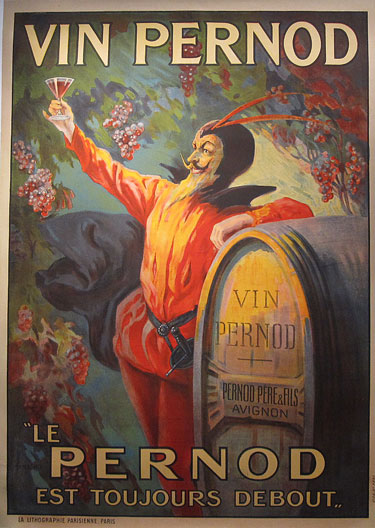 Vin Pernod Le Pernod Est Toujours Debout original antique French wine poster from 1899 by famous artist Tamagno. Maphisto holding up a glass of wine standing next to barrel surrounded by grapes.