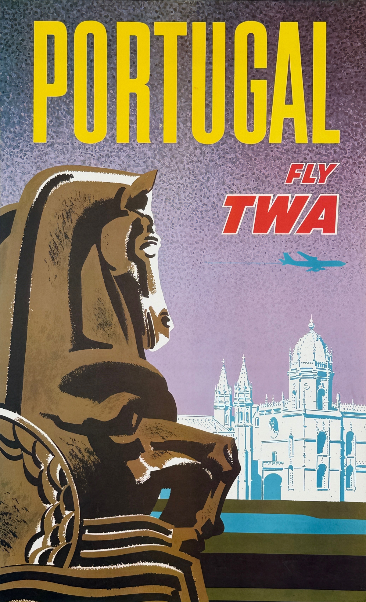 Fly TWA Portugal Airlines Poster By David Klein Original 1960 Vintage USA Passenger Plane Travel Lithograph Advertisement Linen Backed. Belem Garden Park.