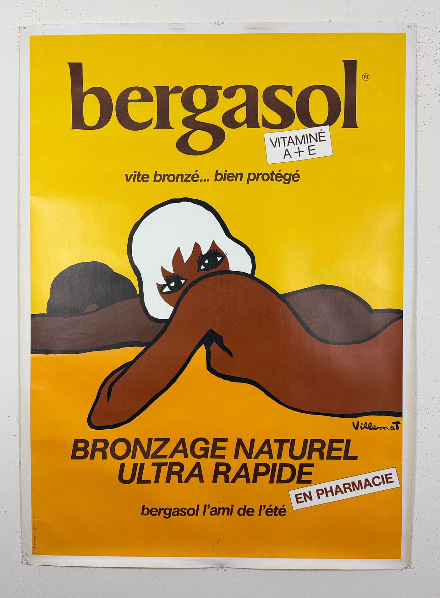 Bergasol Vitamine A +E Poster By Bernard Villemot. Original 1976 Vintage French Sun Tan Lotion Plate Lithograph Advertisement On Linen.