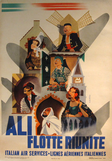 This vertical Italy travel poster features the shadow of plane in the center with happy people from different cultures who are looking for a plane. Ali Flotte Riunite by Filippo Romoli from 1951 Italy.