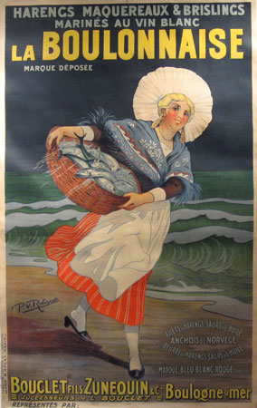 La Boulonnaise original advertisement lithography vintage poster from 1910 France. Shows a woman in apron and blue shawl walking along the ocean beach holding a basket of fish.
