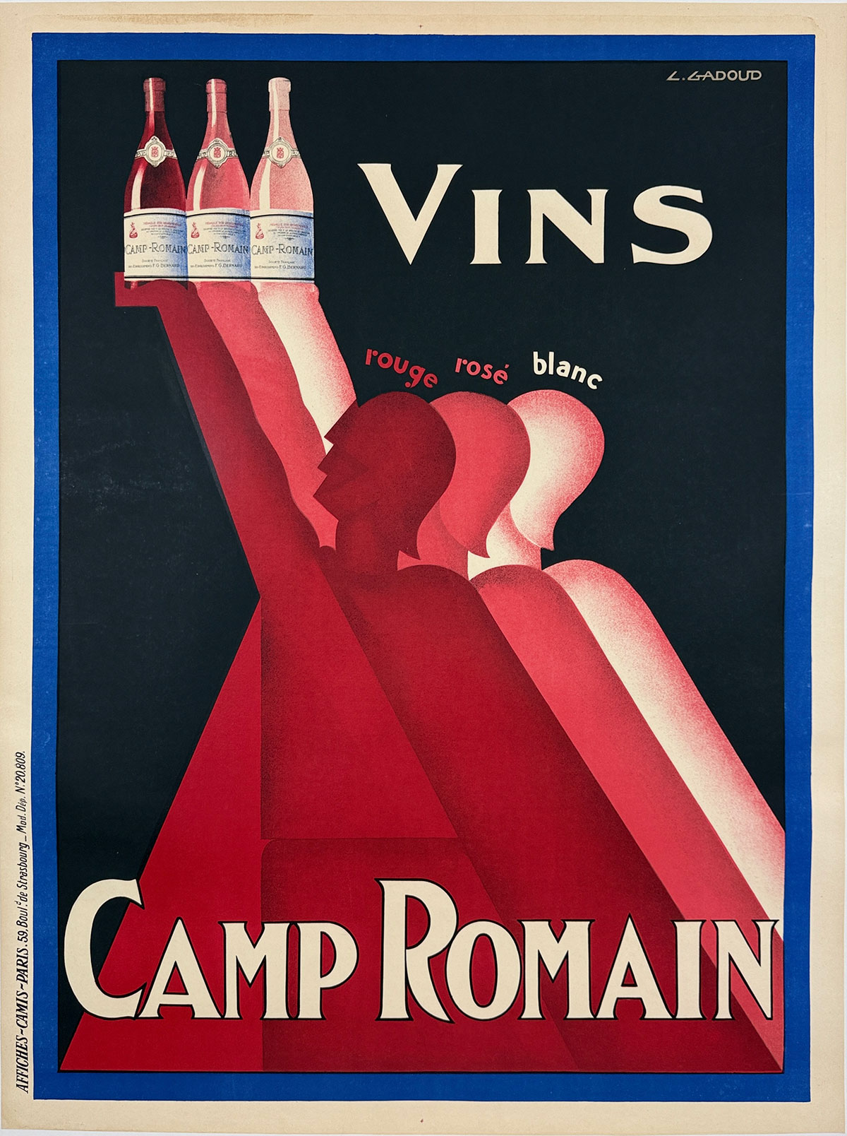 Camp Romain Vins Poster By Claude Gadoud Original 1930 Vintage French Wine Company Stone Lithograph Advertisement Linen Backed. Rouge, Rose and Blanc