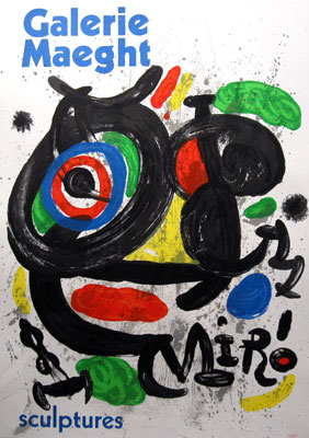 Galerie Maeght Sculptures original advertisement lithography vintage poster by Joan Miro from 1970 France. Poster for an exhibition of works by Joan Miro, held at the famous Galerie Maeght in Paris.