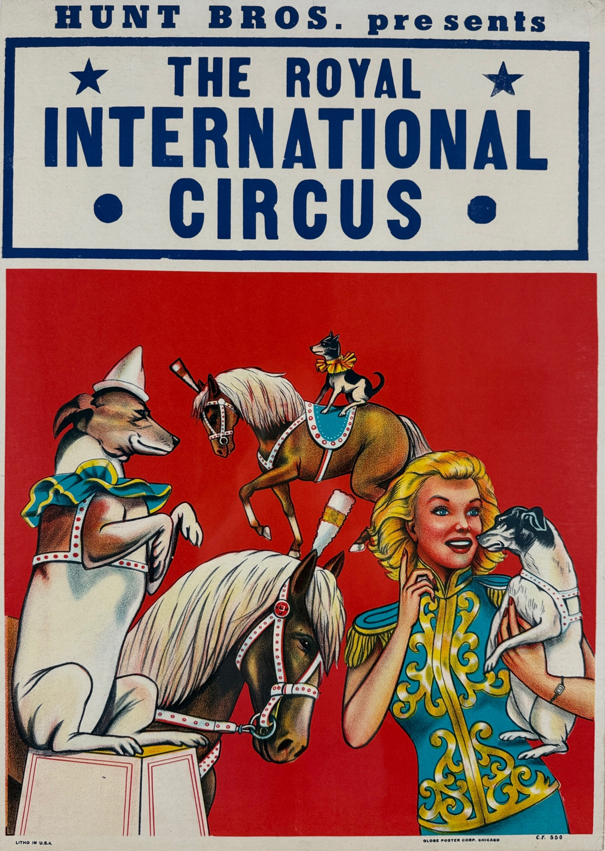 Hunt Bros Presents The Royal International Circus Poster Original 1955 Vintage American Spectacle Lithograph Advertisement Linen Backed.