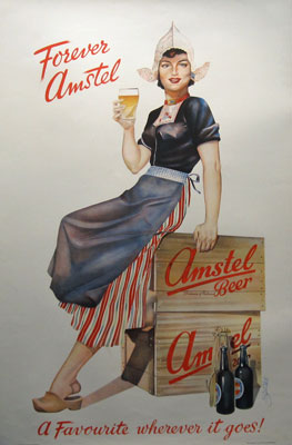 Forever Amstel Beer original vintage Denmark vintage poster from 1948. Amsterdam lithography advertisement with woman sitting on crates and holding a glass of beer.
