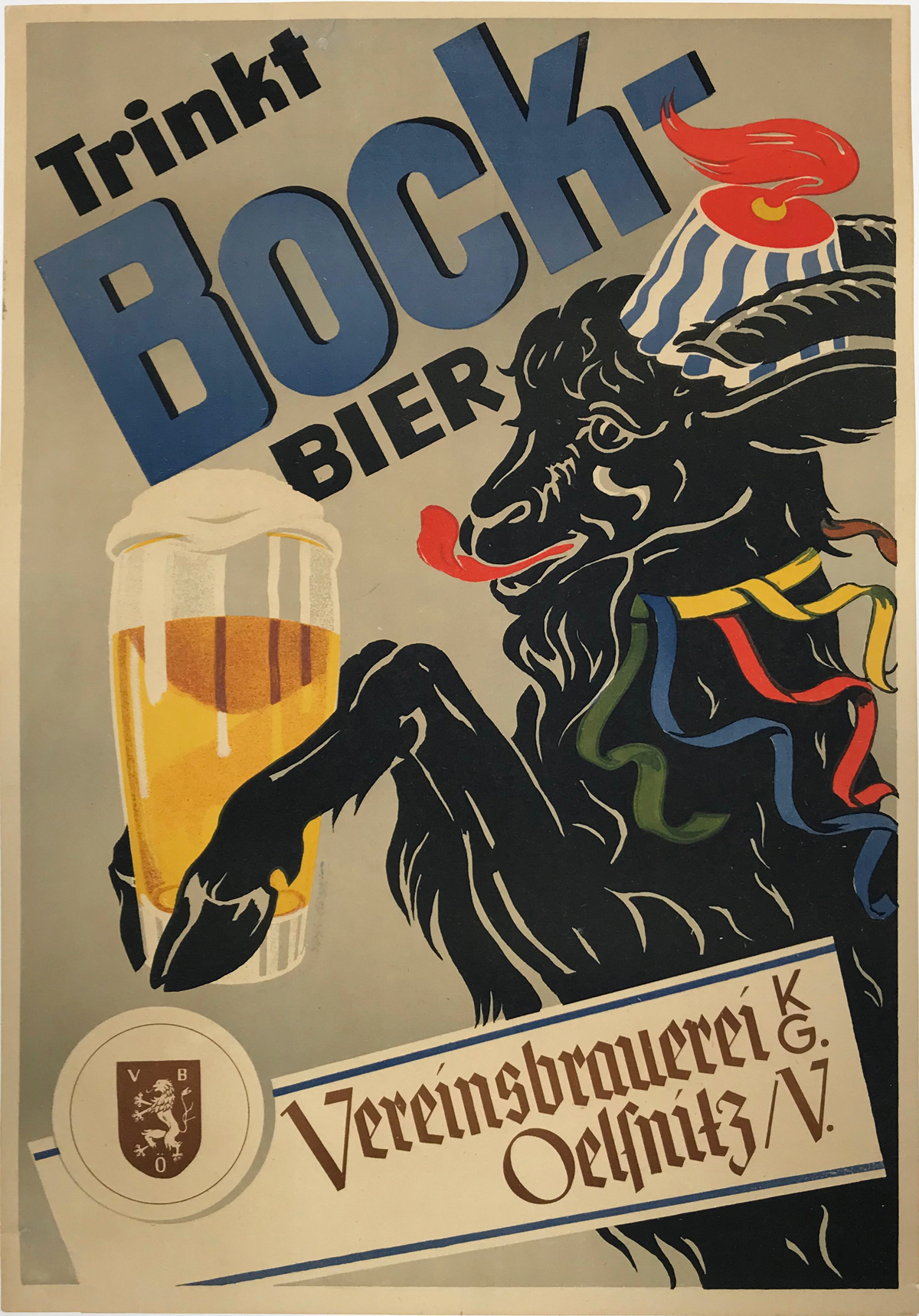 Bock Bier Original 1940 German Stone Lithograph Advertisement Poster. Shows a goat in a hat and ribbon collar holding a glass of beer in his hooves as he licks his lips.