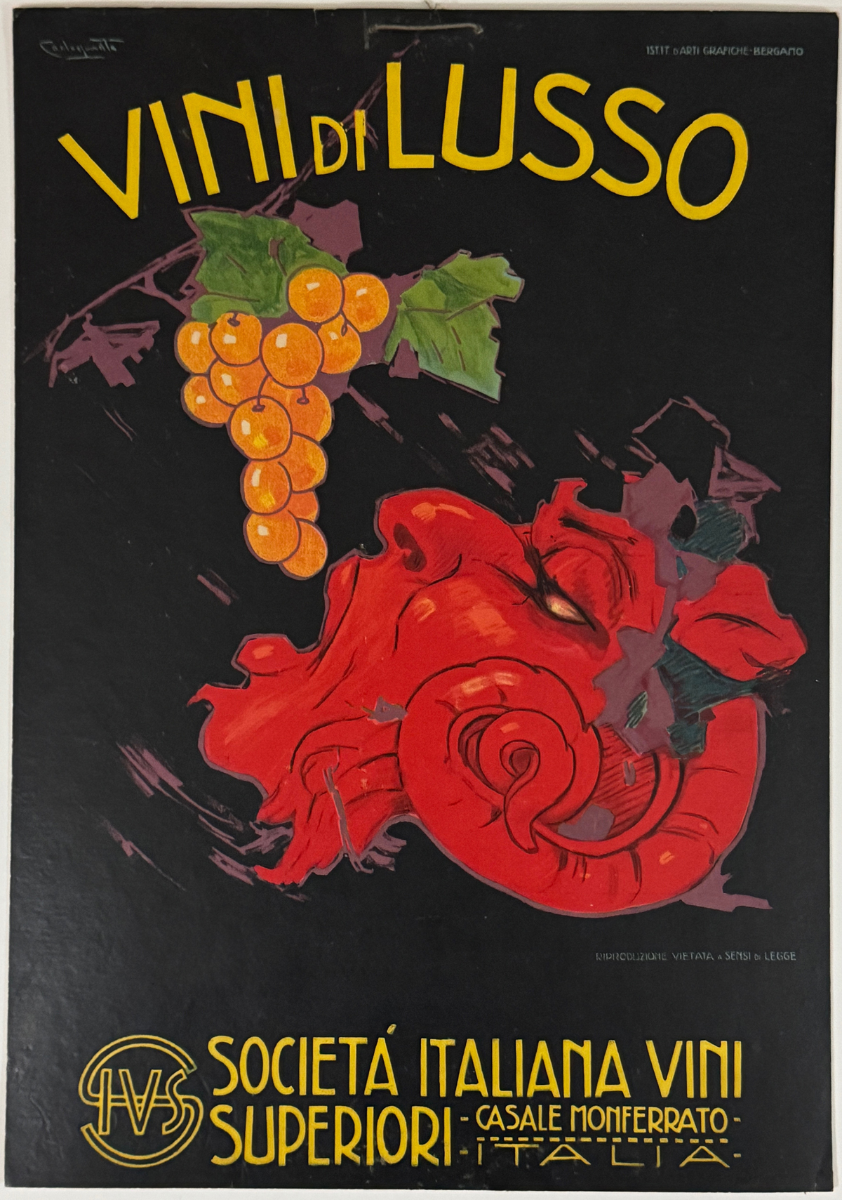 Vini Di Lusso Poster by Plinio Codognato Original 1921 Vintage Italian Wine Society Advertisement Stone Lithograph Store Display Carton.