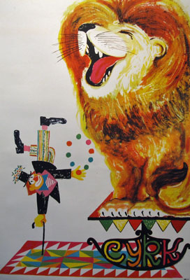 Cyrk (Circus) original advertisement lithography vintage poster by St. Miedza-Tomaszewski from 1964 Poland. Shows clown with big laughing lion.