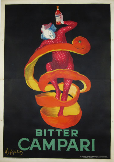 Bitter Campari (Orange Peel) Original Vintage Poster by Cappielllo  1921 Italy. Italian poster features a clown in red surrounded by an orange peel holding high a bottle of Bitter Campari Liquor.