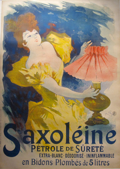 Saxoleine original lithography vintage poster by famous Jules Cheret from 1894 France. Shows a woman wearing a yellow dress holding a kerosene lamp.