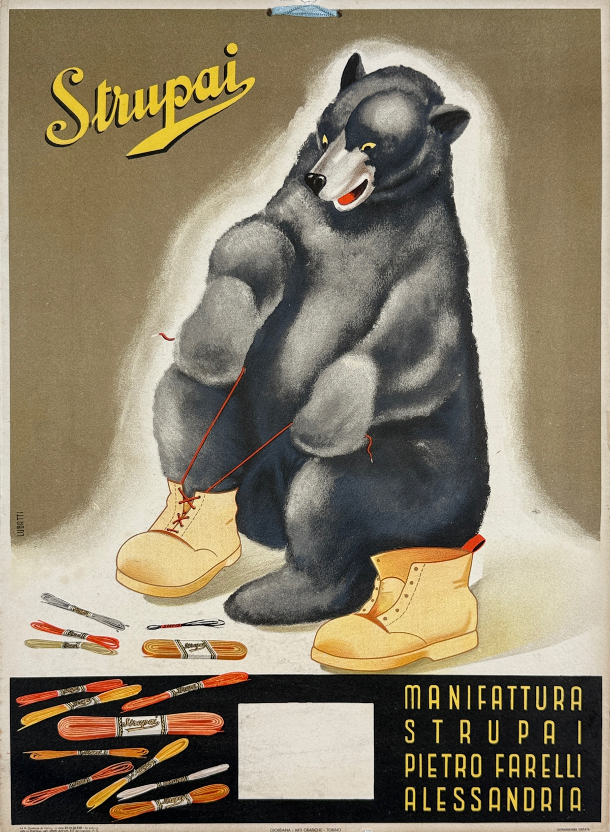 Strupai Shoe Laces Poster By Lubatti Original 1939 Vintage Italian Store Dispaly Stone Lithograph Advertisement On Carton.