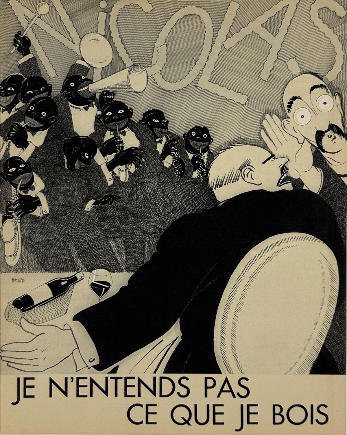Je N'Entends Pas Ce Que Je Bois by Paul Iribe for Nicolas Blanc et Rouge Plaquette with 10 Designs Original 1930 French Advertising Lithograph Vintage Poster. Nicolas by Paul Iribe Original Vintage Poster from 1930 France with an American Jazz Band.