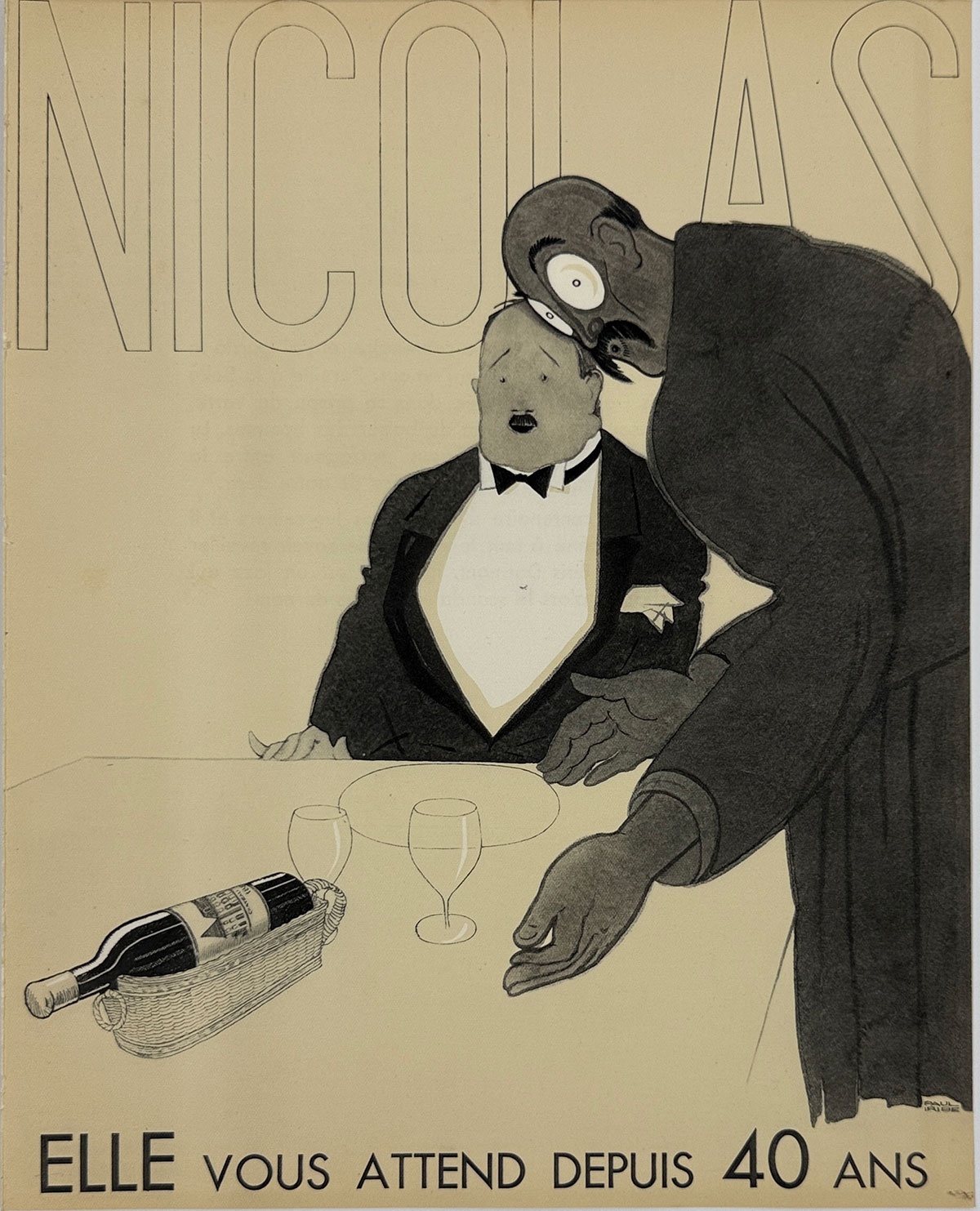 "Elle Vous Attend Depuis 40 Ans" by Paul Iribe Original 1930 Vintage French  Blanc et Rouge Wine Menu Insert for Nicolas With 10 Different Lithograph Designs.