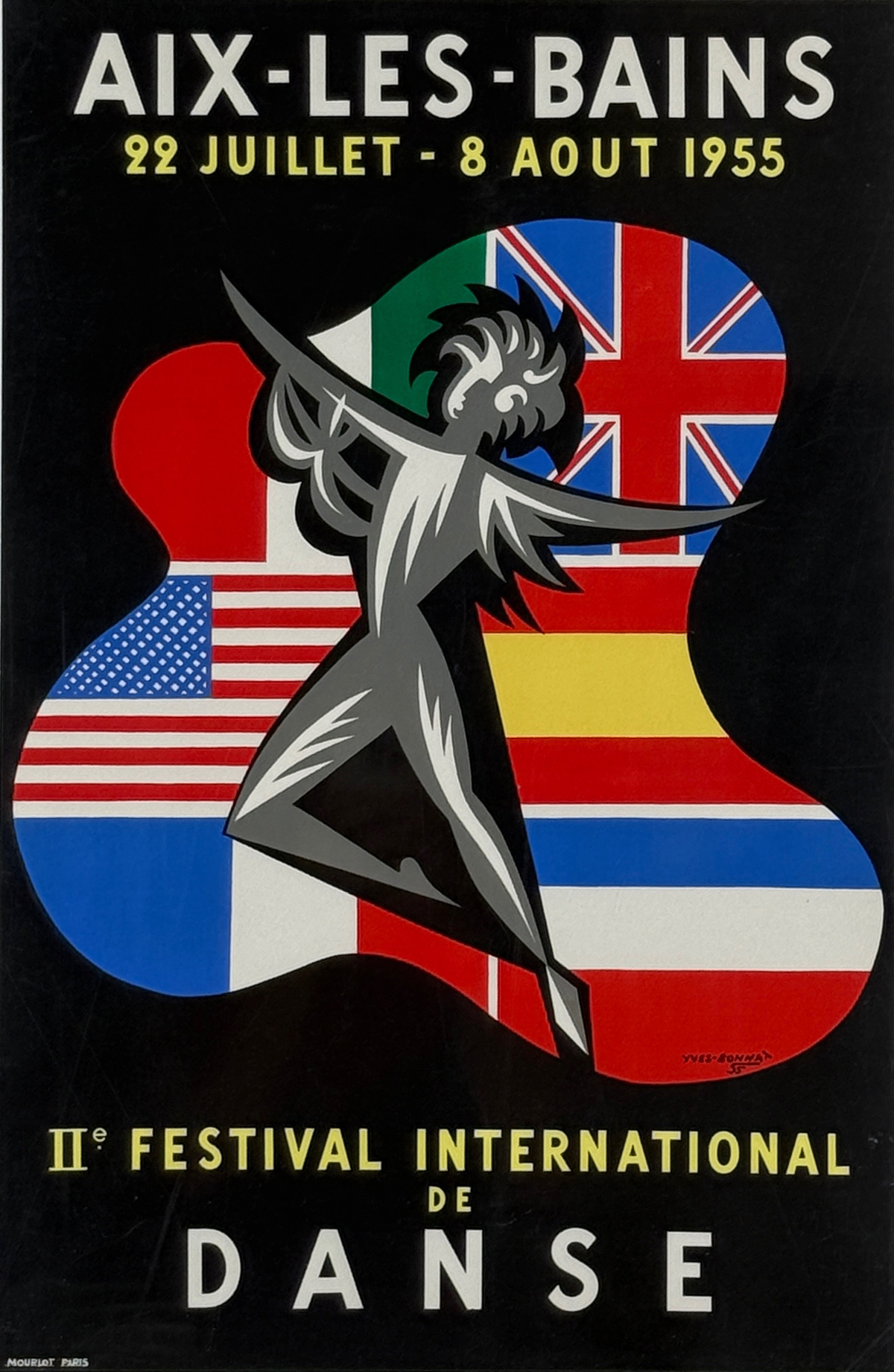 Aix Les Bains International Danse Festival Poster By Yves Bonnat Original 1955 Vintage French Dance Jamboree Lithograph Advertisement Linen Backed.