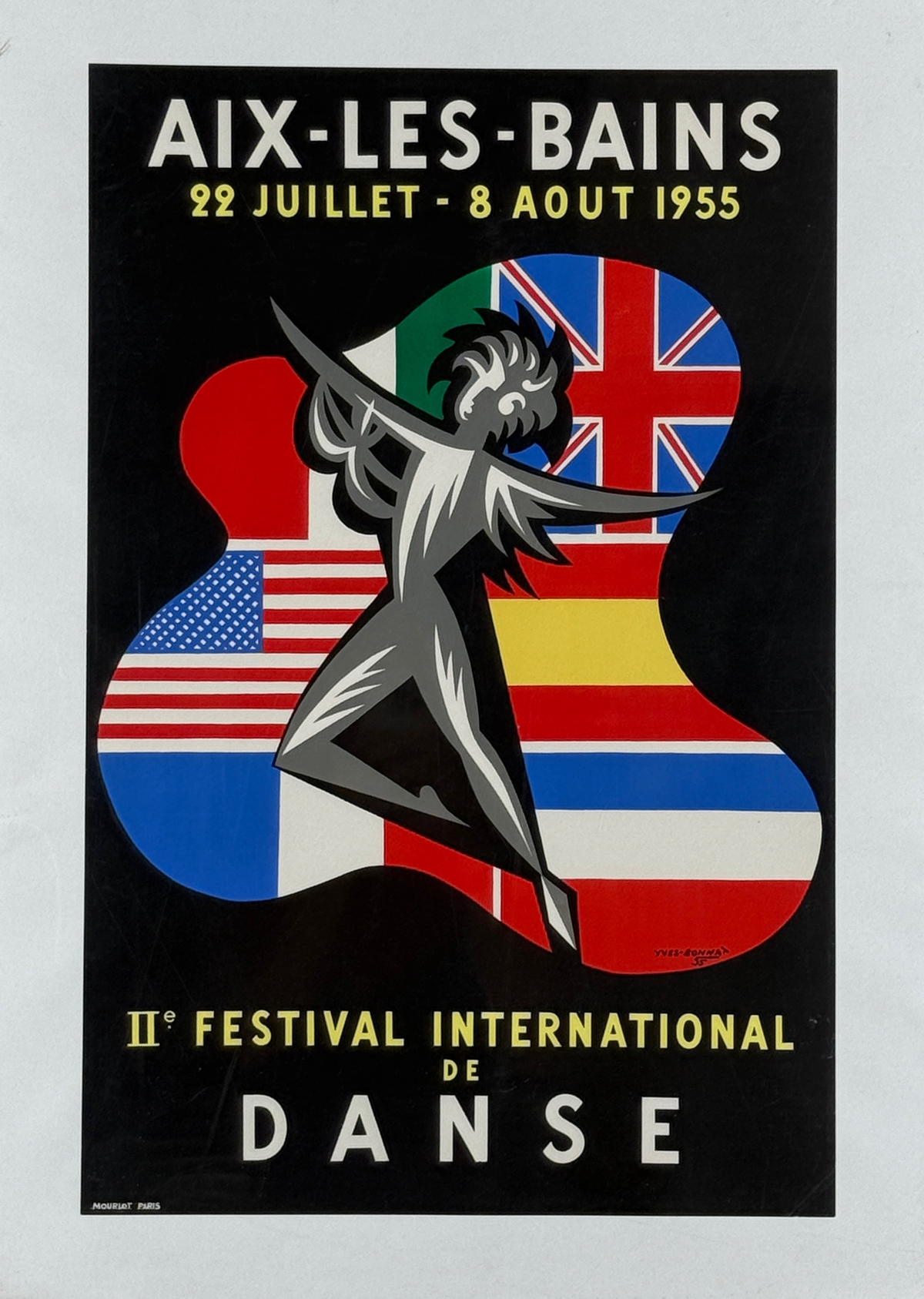Aix Les Bains International Danse Festival Poster By Yves Bonnat Original 1955 Vintage French Dance Jamboree Lithograph Advertisement Linen Backed.